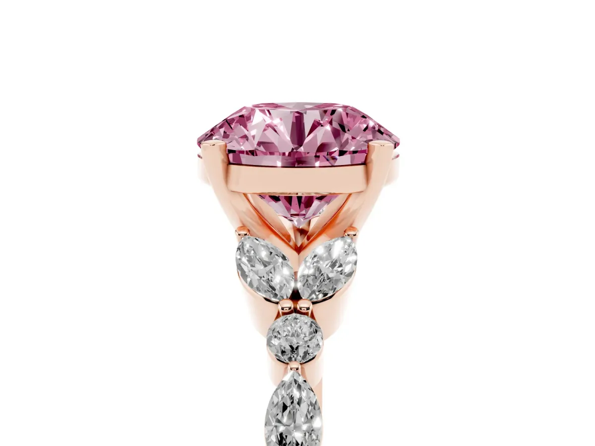 Fancy Pink Round Cut Diamond Solitaire Ring with Side Stones and Four-Prong Setting Rose gold