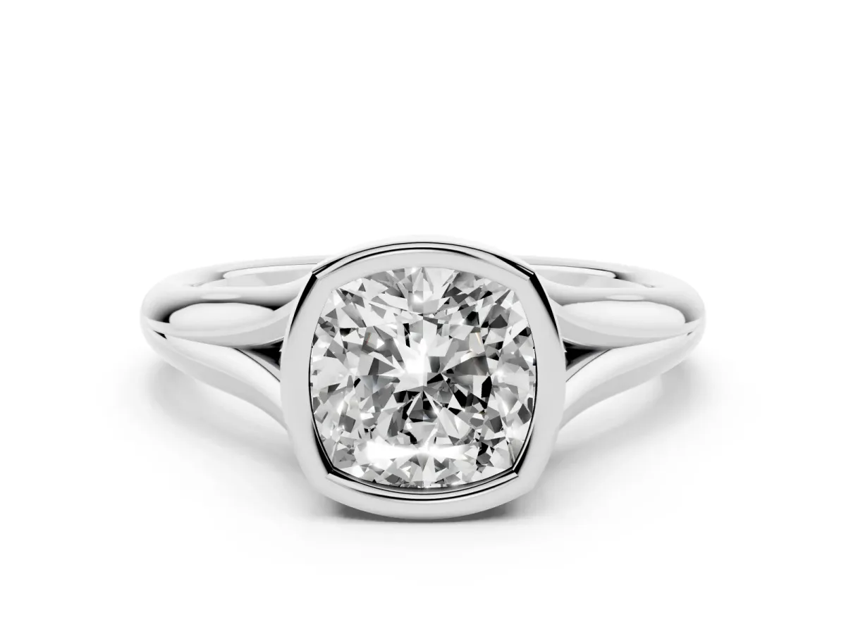 Bezel Set Cushion Cut Solitaire Diamond Ring with Smooth Band Silver