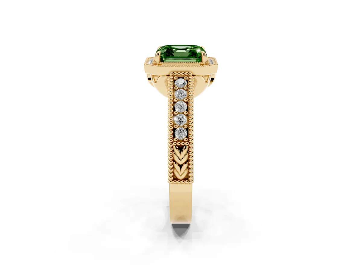 Fancy Green Asscher Cut Cut Halo Diamond Ring with Pavé Band and Four-Prong Setting Yellow gold