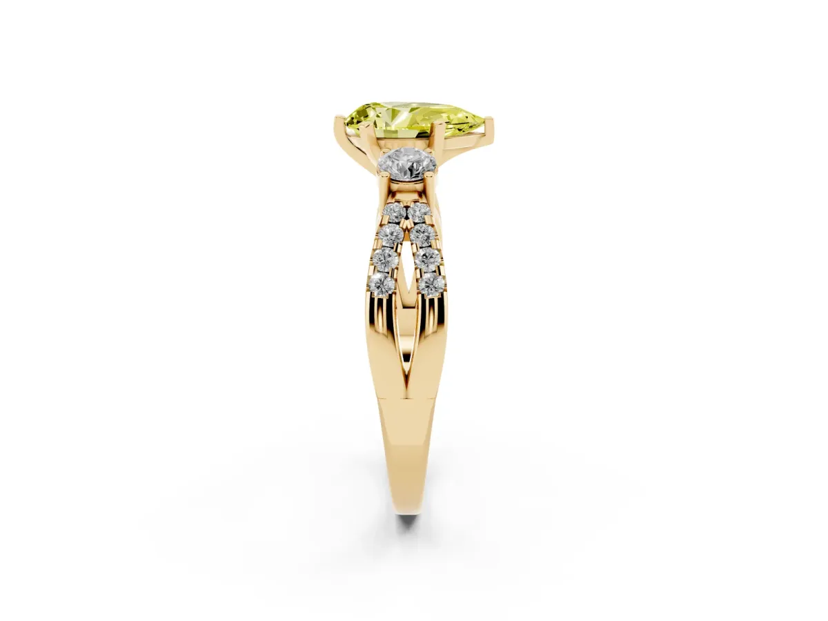 Fancy Yellow Pear Cut Diamond Three-Stone Ring with Pavé Split Shank and Four-Prong Setting Yellow gold