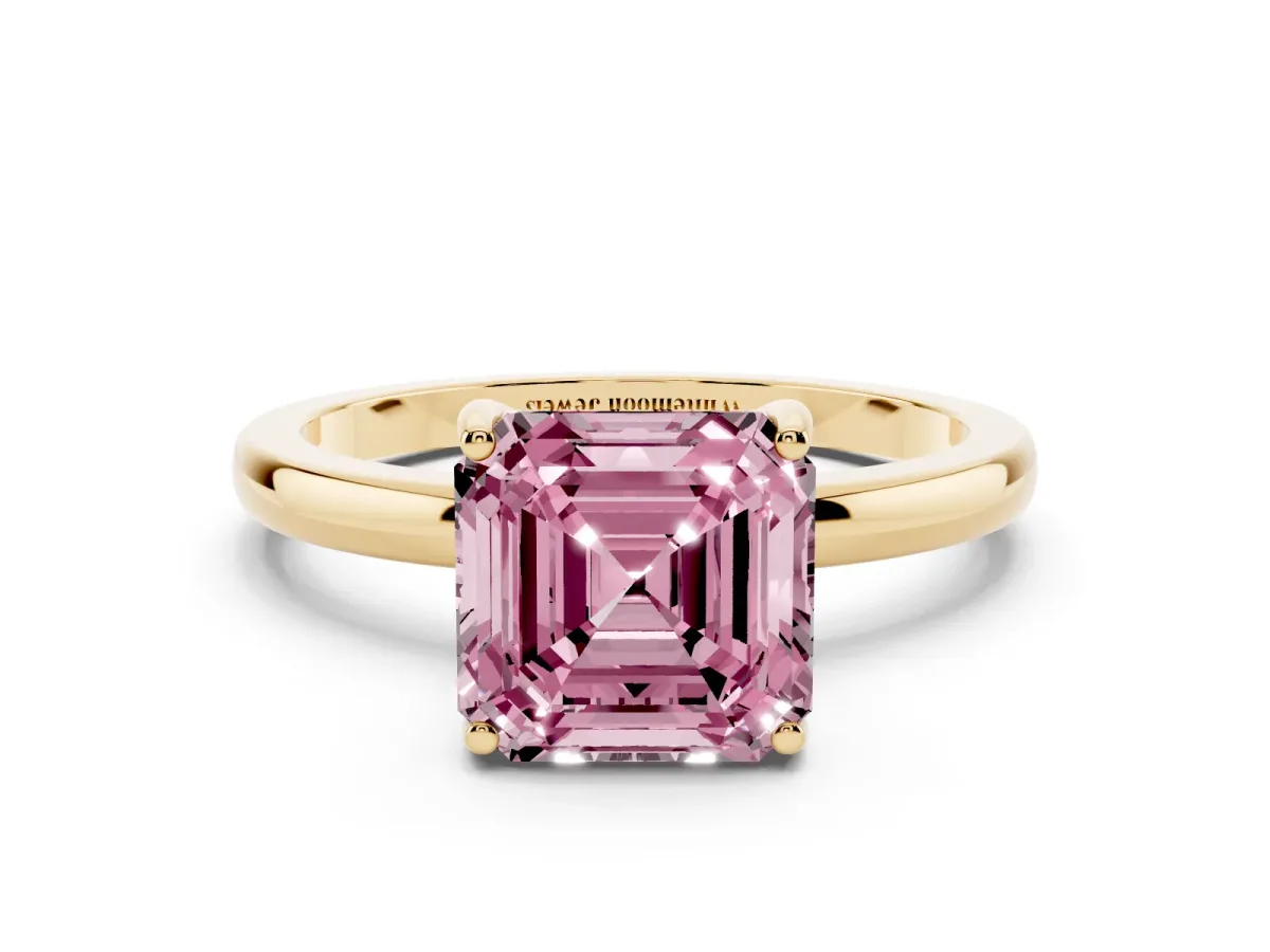 Fancy Pink Asscher Cut Solitaire Diamond Ring with Prong Setting and Plain Band Yellow gold