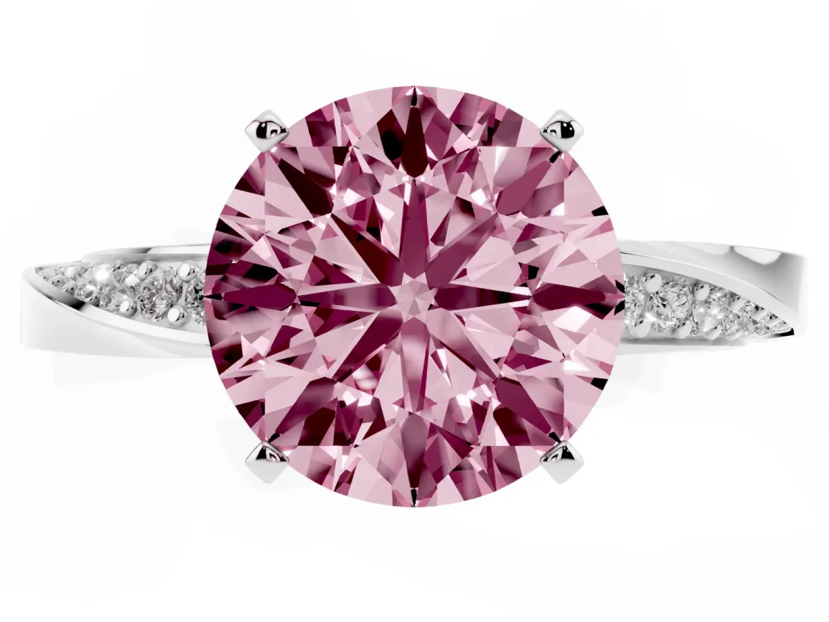 Fancy Pink Round Cut Diamond Engagement Ring with Side Stone Accents and Four-Prong Setting Silver