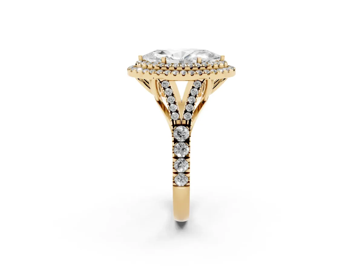 Marquise Cut Cut Double Halo Split Shank Diamond Ring with Prong Setting Yellow gold