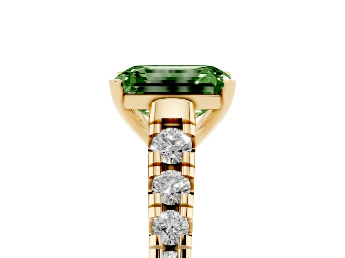 Fancy Green Emerald Cut Diamond Cathedral Solitaire Ring with Round Pavé Band Yellow gold