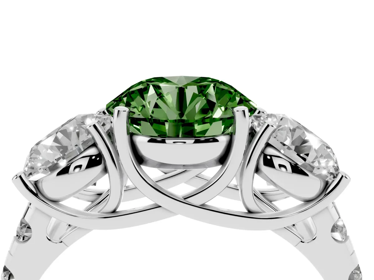 Fancy Green Three-Stone Round Cut Diamond Pavé Band with Prong Setting Silver