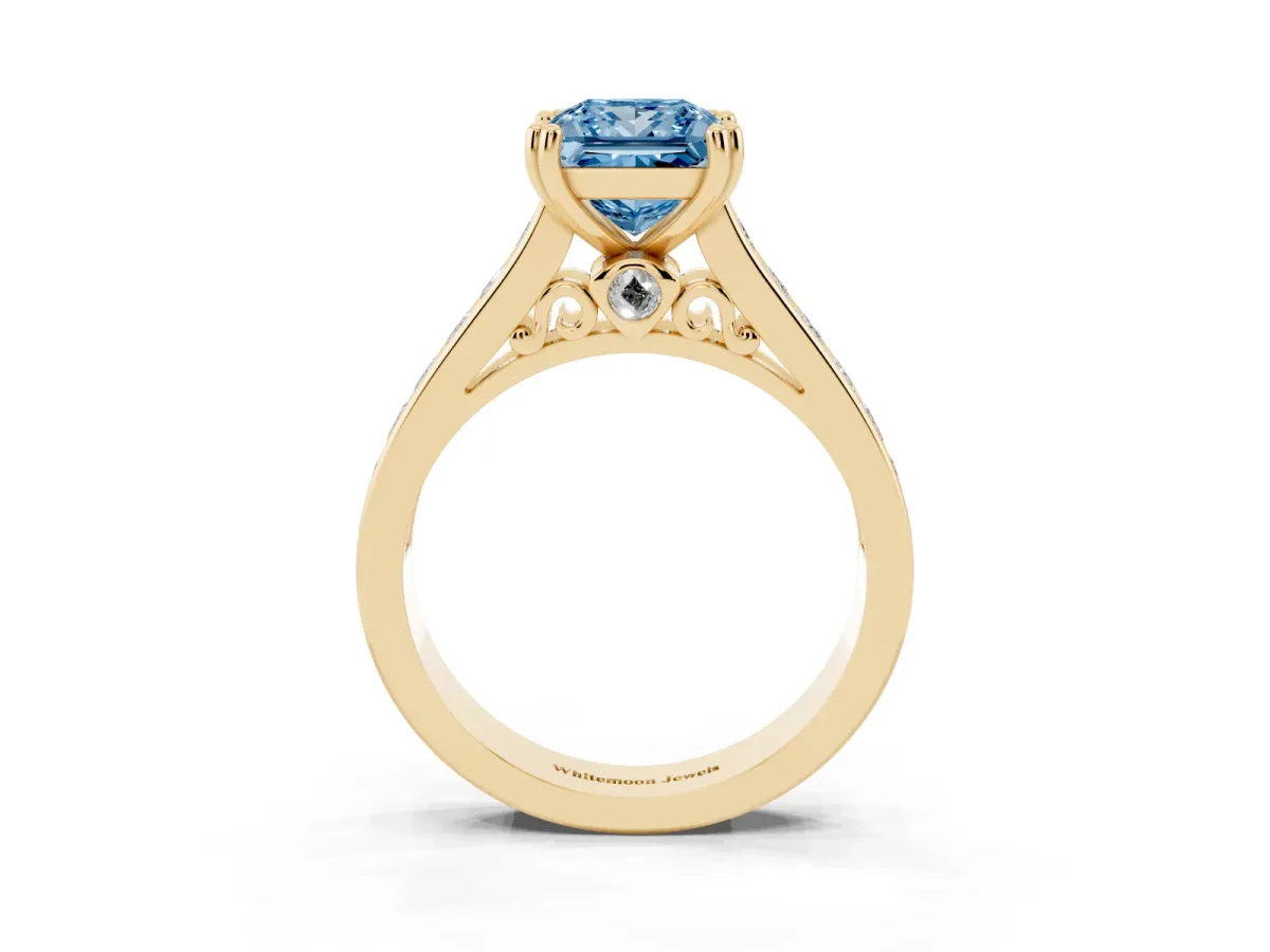 Fancy Blue Princess Cut Cut Channel Set Solitaire Engagement Ring with Prong Setting Yellow gold