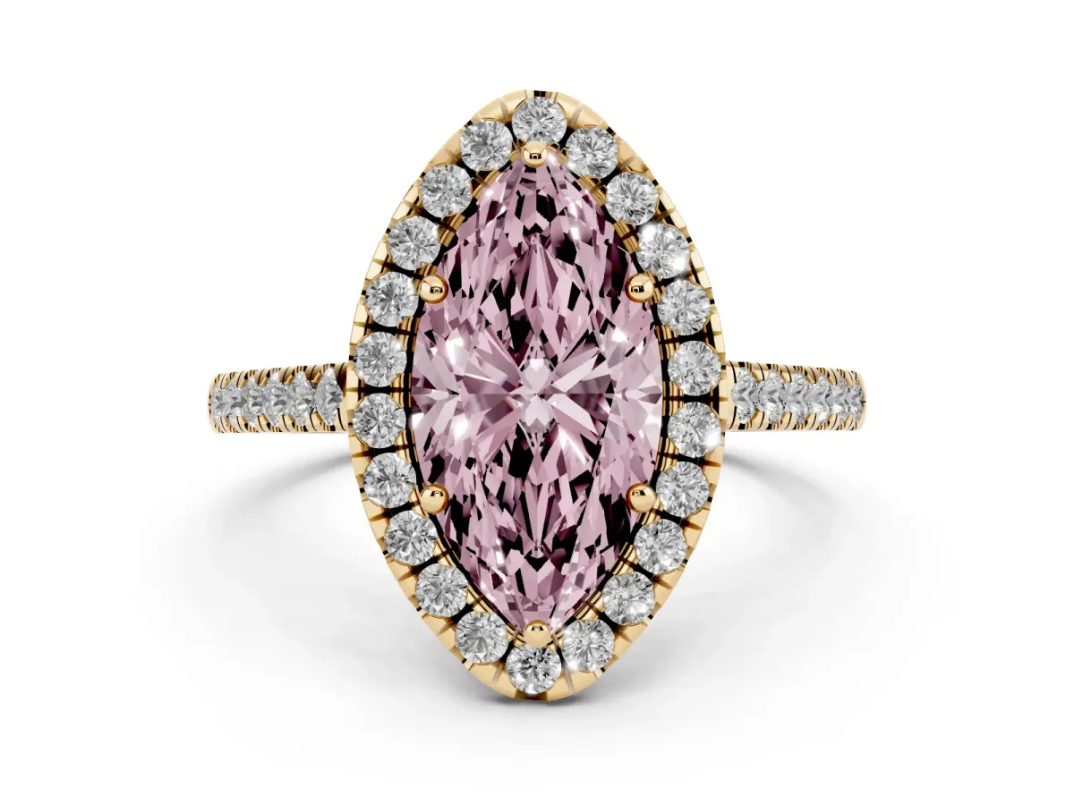 Fancy Pink Marquise Cut Halo Pavé Diamond Engagement Ring with Four-Prong Setting Yellow gold