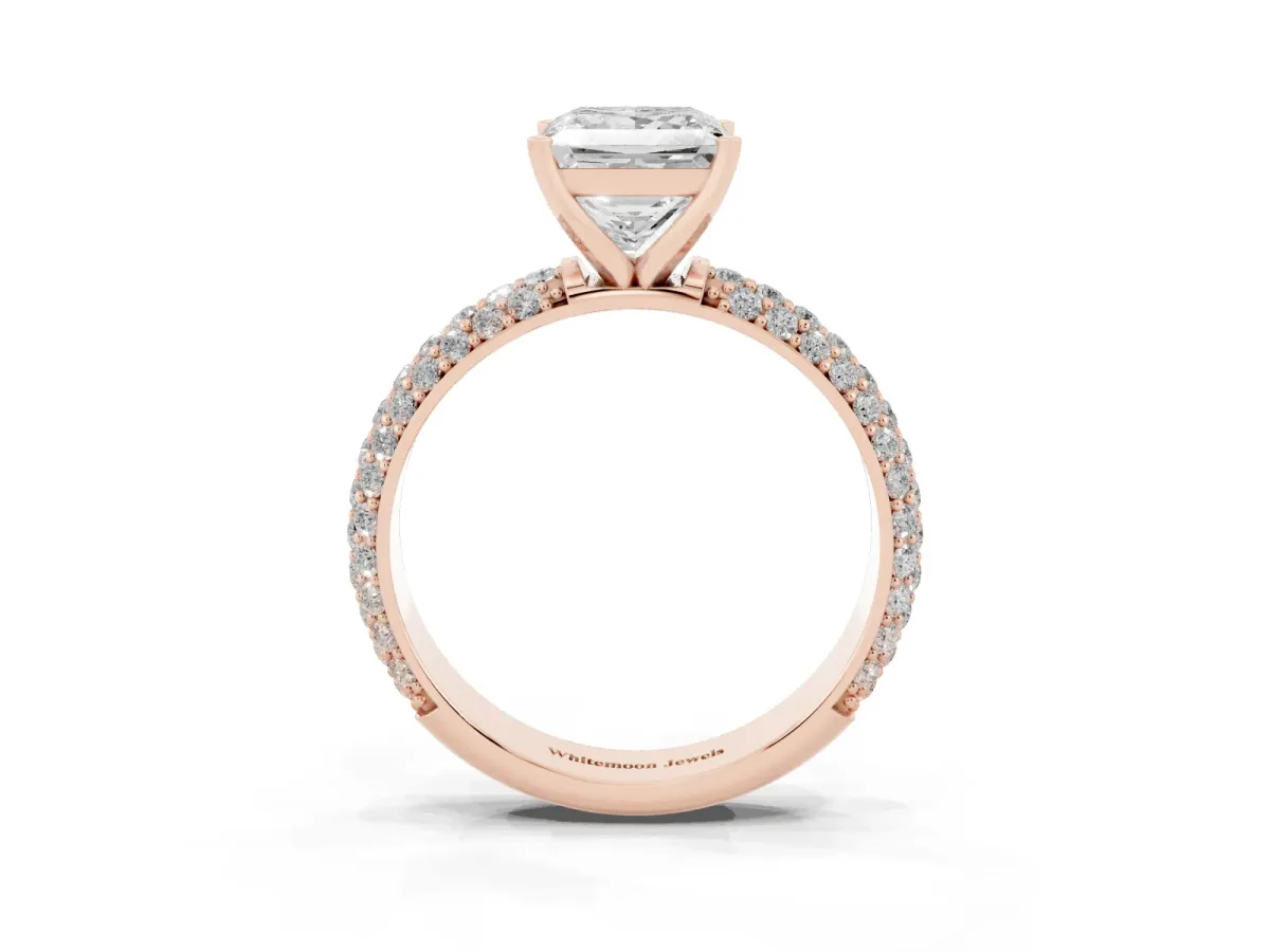 Princess Cut Diamond Solitaire Ring with Prong Setting and Pavé Band Rose gold