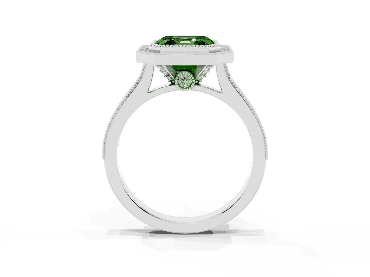 Fancy Green Halo Asscher Cut-Cut Diamond Pave Band Milgrain Prong Setting Ring Platinum