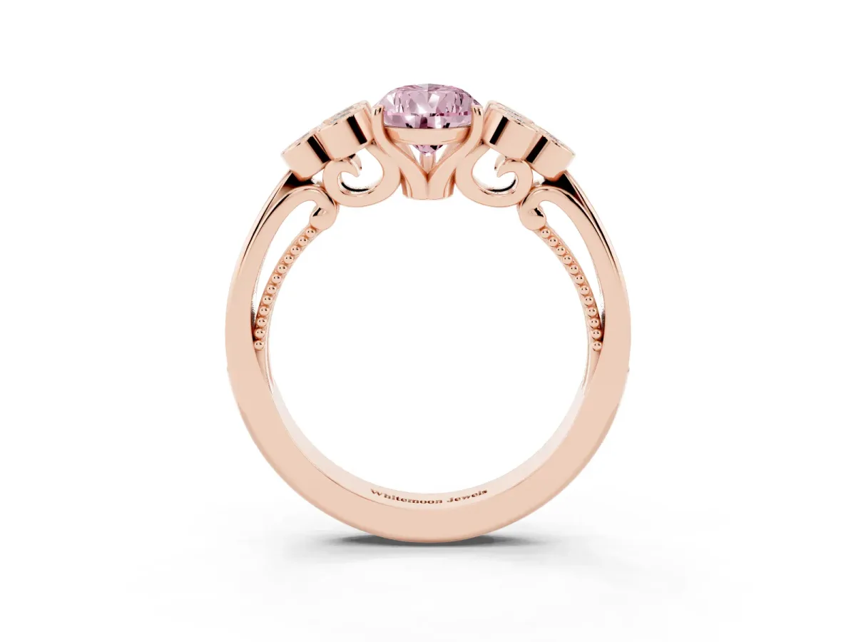 Fancy Pink Pear Cut Cut Diamond Engagement Ring with Bezel Set Round Side Stones and Prong Setting Rose gold