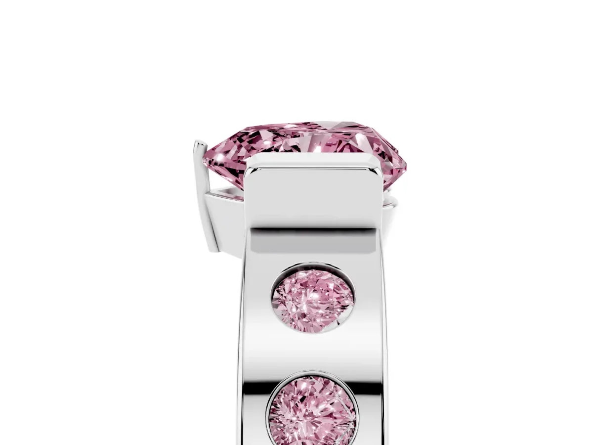 Fancy Pink Heart Cut Brilliant Channel-Set Diamond Ring with Bezel Prong Setting Silver