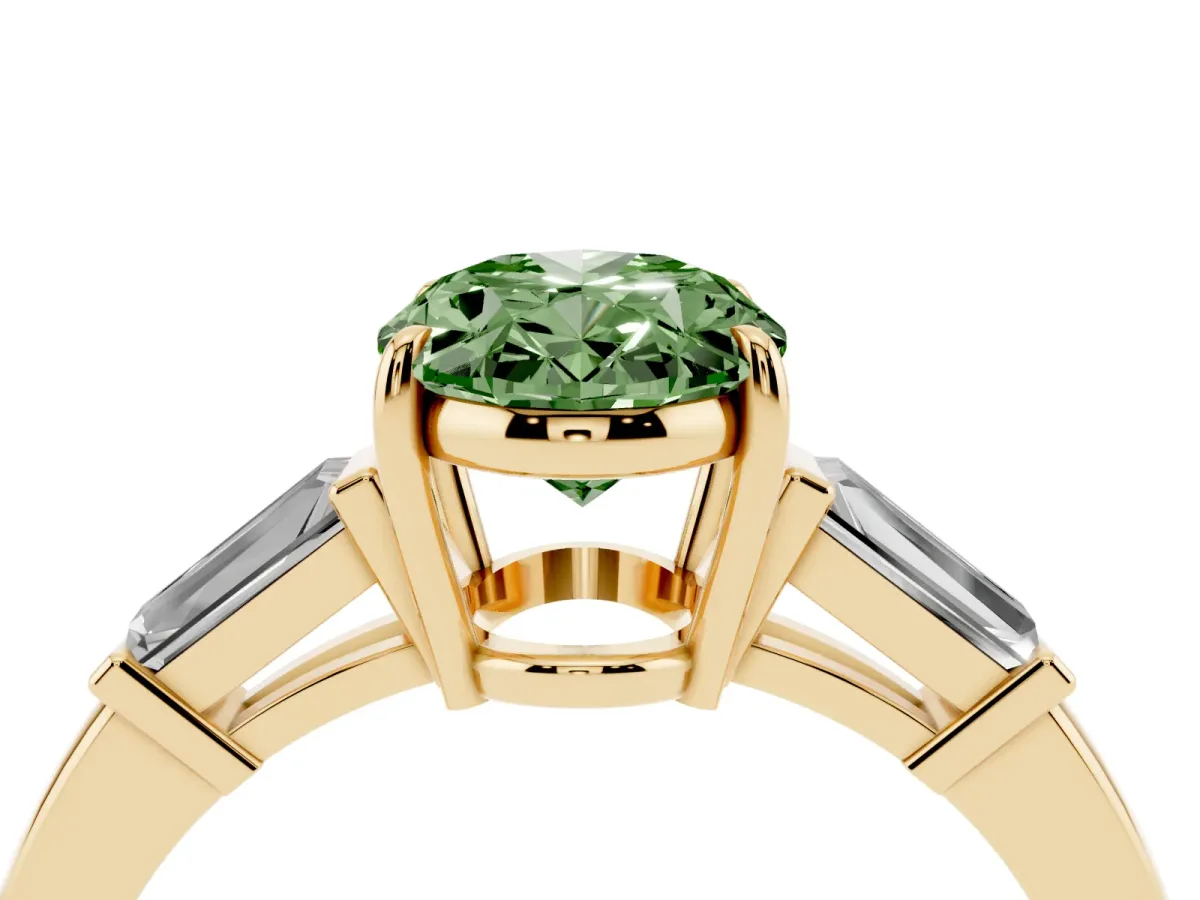 Fancy Green Oval Cut Diamond Three-Stone Ring with Tapered Baguette Side Stones and Prong Setting Yellow gold