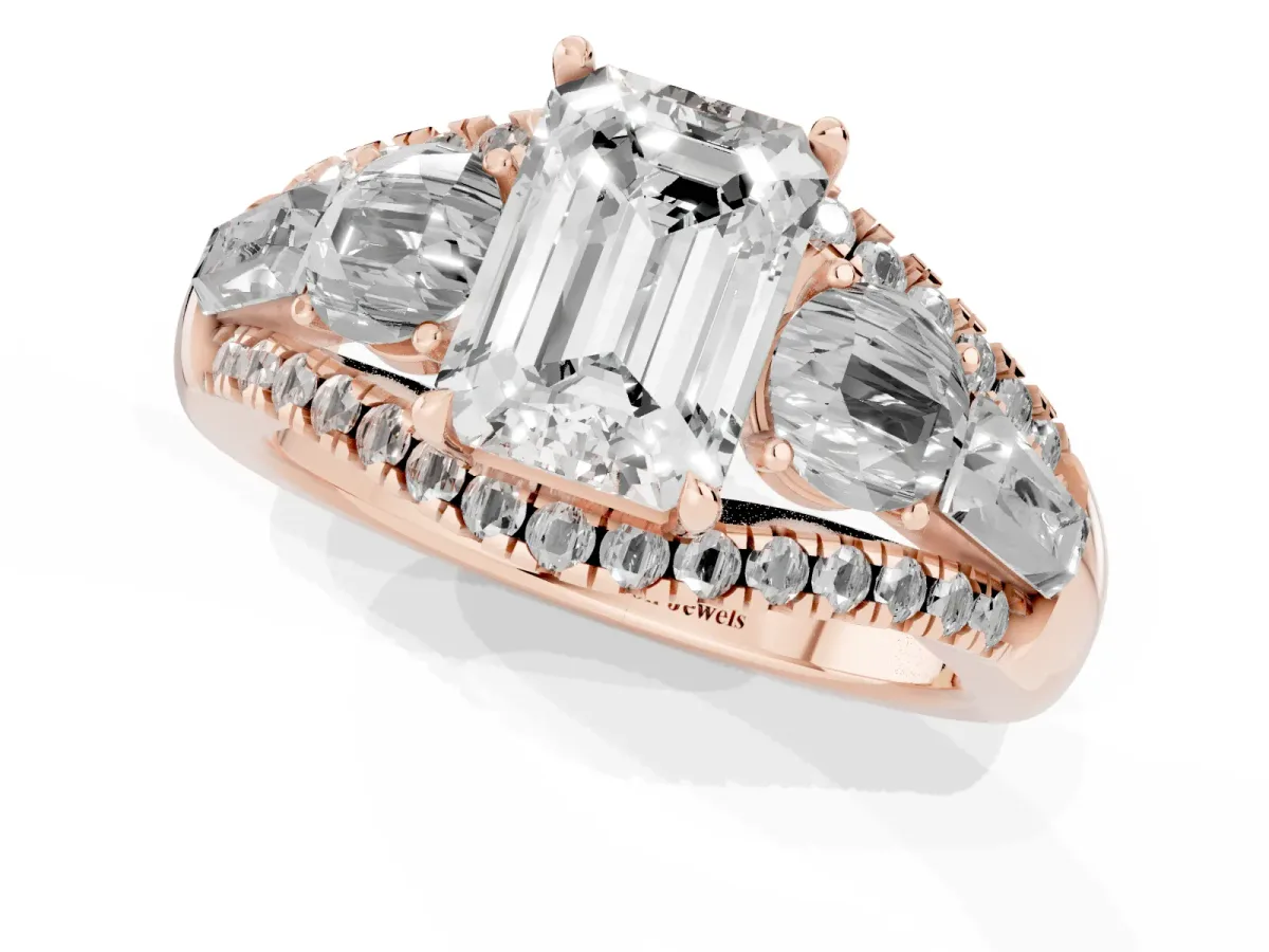 Three-Stone Emerald Cut Diamond Engagement Ring with Pave Band and Prong Setting Rose gold