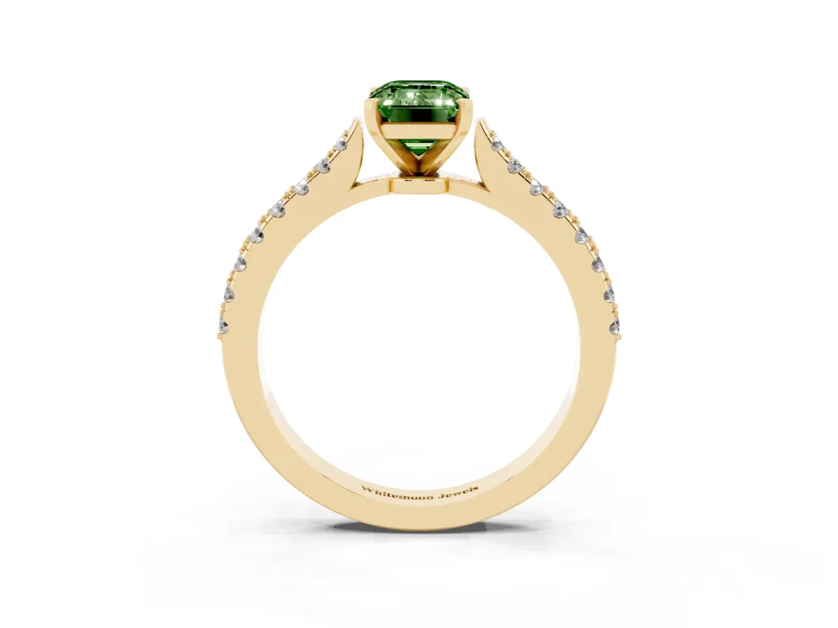 Fancy Green Emerald Cut Cut Solitaire Diamond Engagement Ring with Pave Band and Four-Prong Setting Yellow gold