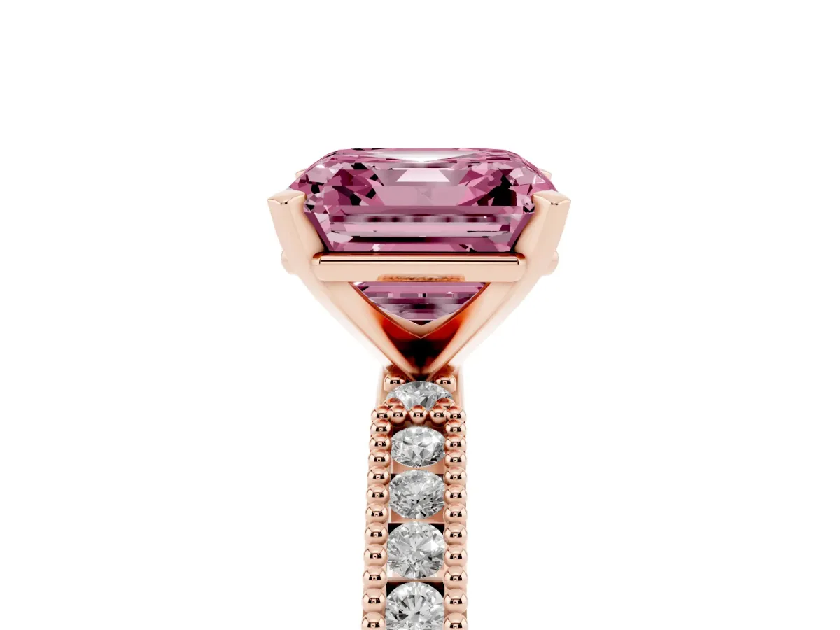 Fancy Pink Asscher Cut Solitaire with Pavé Band and Four-Prong Setting Rose gold