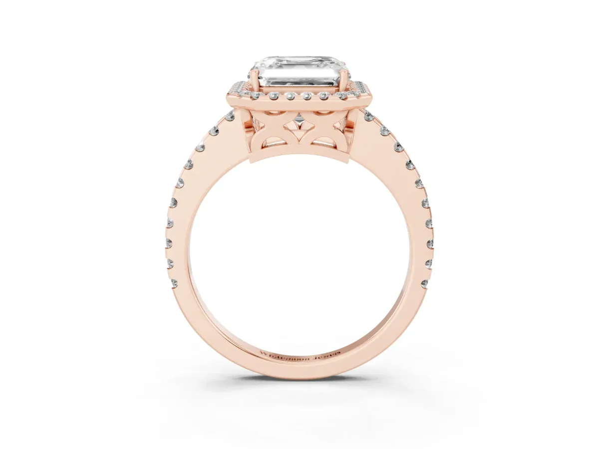 Asscher Cut Diamond Halo Engagement Ring with Pavé Band and Prong Setting Rose gold