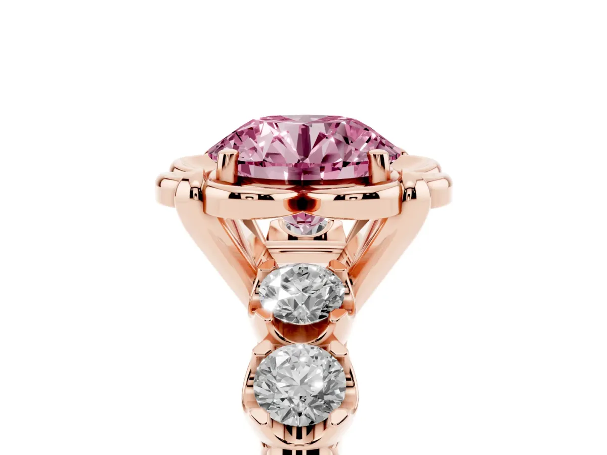 Fancy Pink Round Cut Cut Diamond Floral Halo Engagement Ring with Shared Prong Setting Rose gold