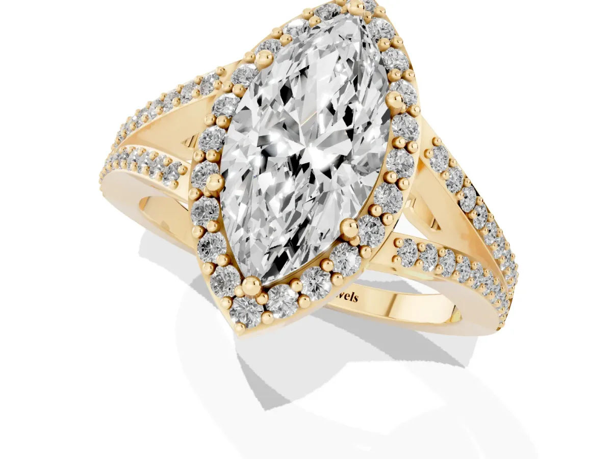 Marquise Cut Halo Split Shank Diamond Ring with Prong Setting Yellow gold