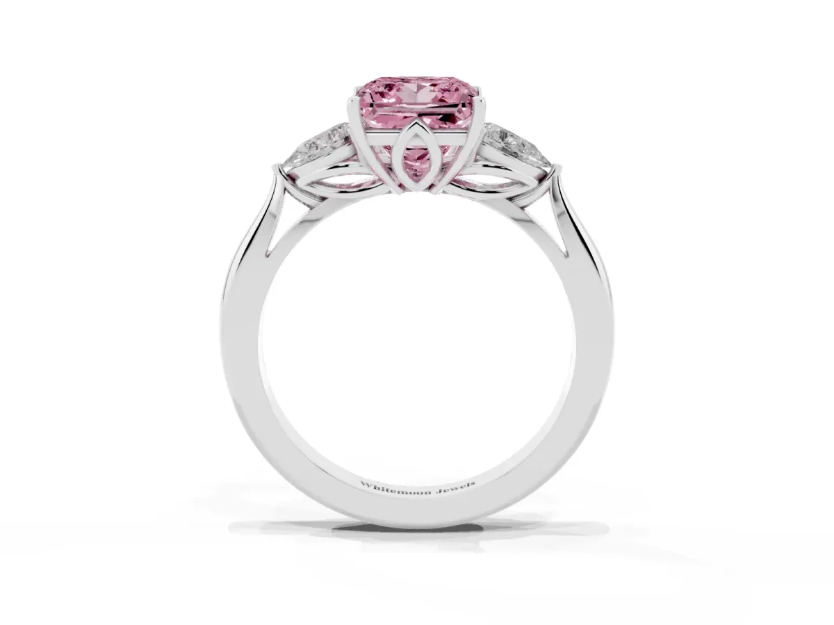 Fancy Pink Three-Stone Princess Cut Diamond Ring with Pear Side Stones in Four-Prong Setting Silver