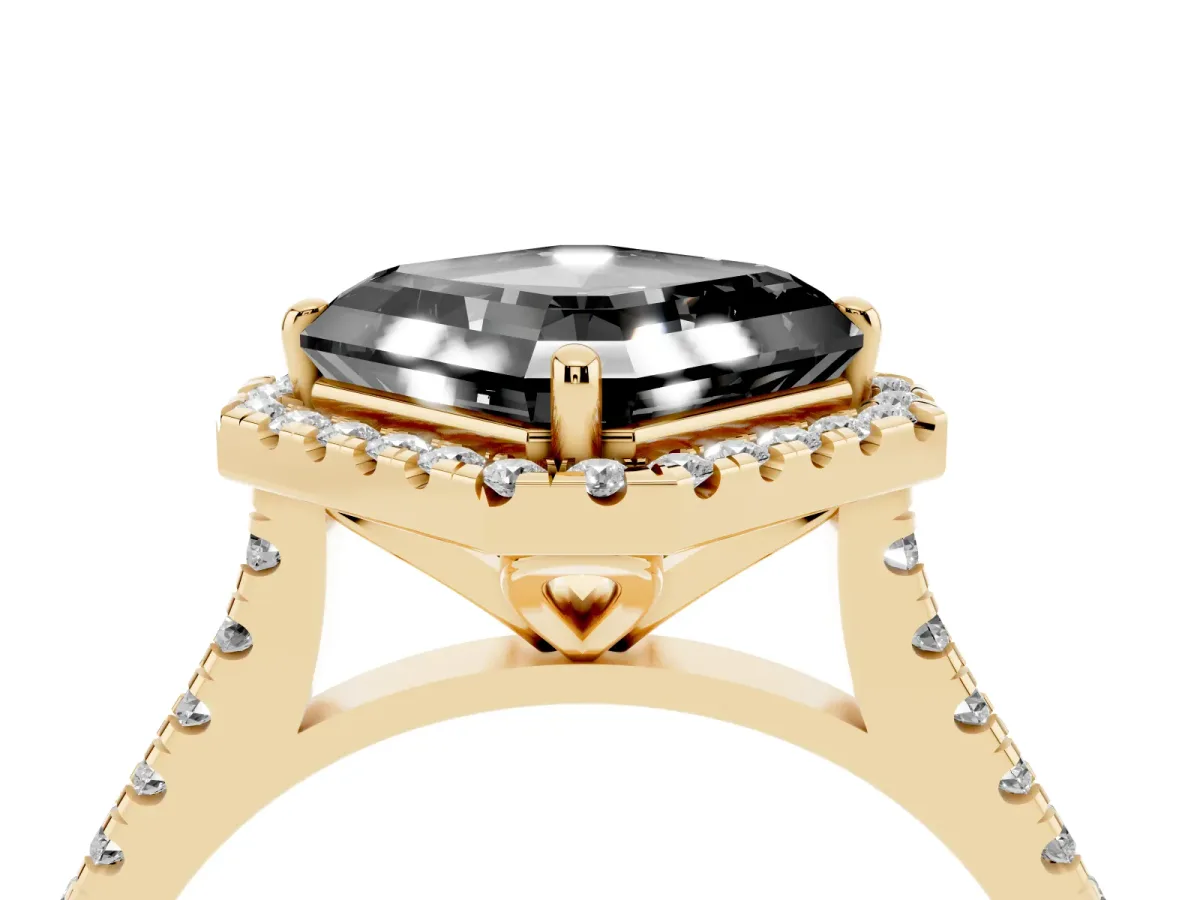 Fancy Black Asscher Cut Diamond Cushion Halo Ring with Pavé Band Yellow gold