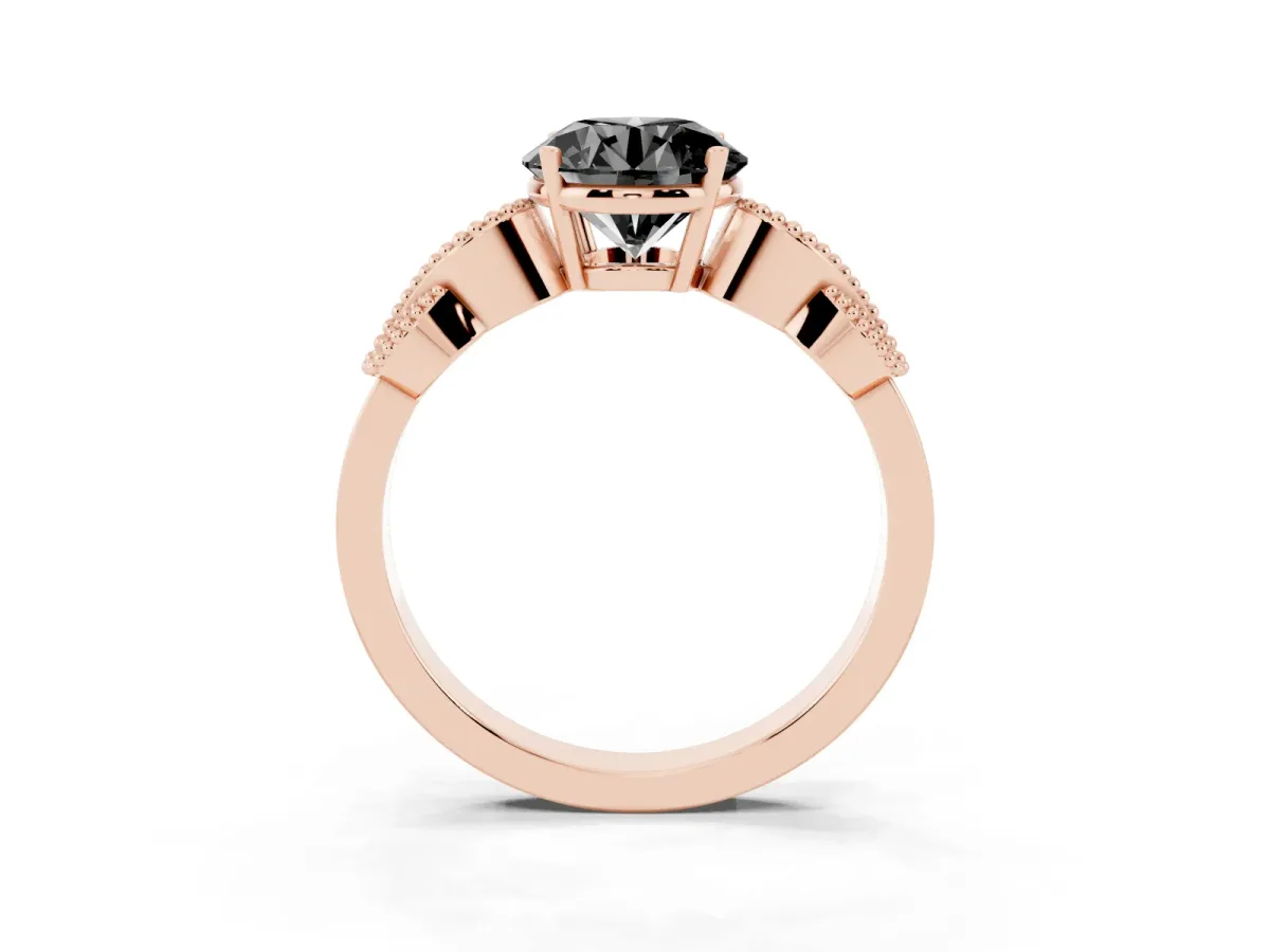 Fancy Black Round Cut Solitaire Milgrain Leaf Band with Prong Setting Rose gold