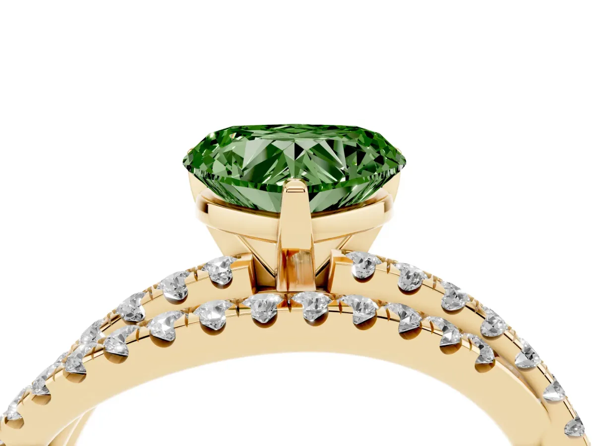 Fancy Green Heart Cut Solitaire Twist Band with Pavé Setting and Four-Prong Setting Yellow gold