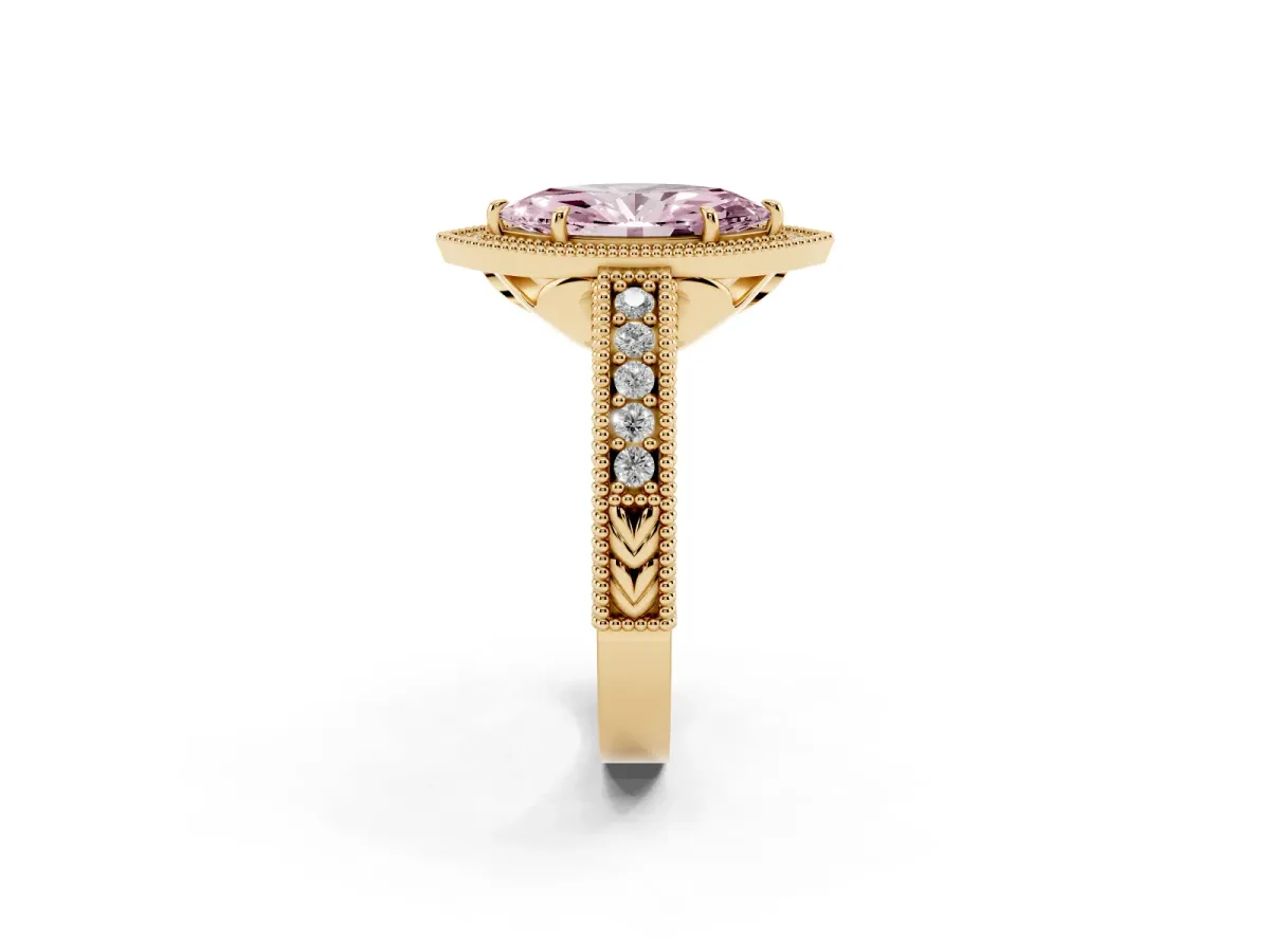 Fancy Pink Marquise Cut Cut Halo Diamond Ring with Pavé Band and Four-Prong Setting Yellow gold