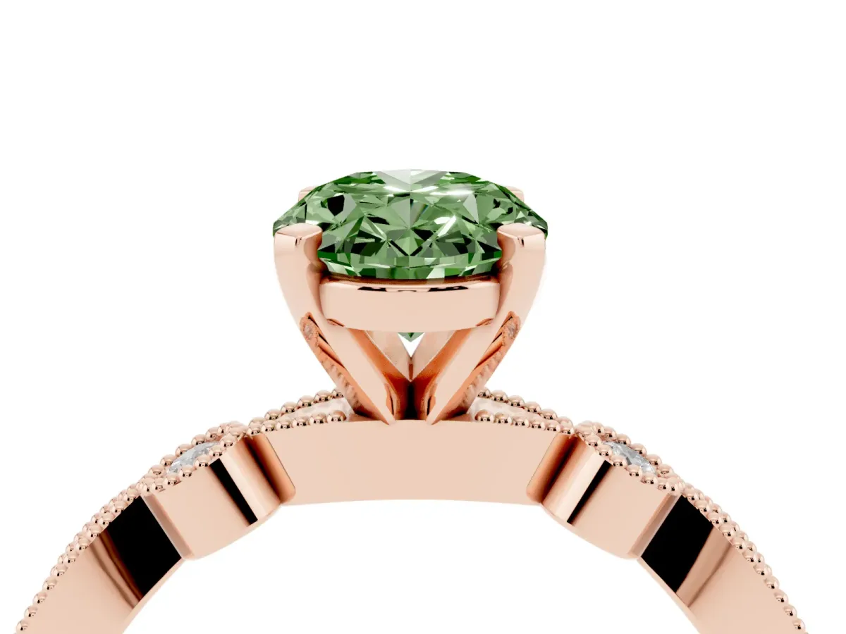 Fancy Green Oval Cut Milgrain Bezel Diamond Engagement Ring with Solitaire Prong Setting Rose gold