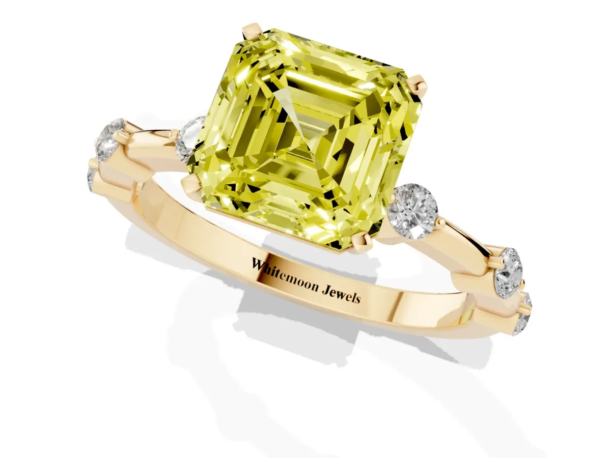 Fancy Yellow Asscher Cut Solitaire Diamond Ring with Bezel Set Side Stones and Prong Setting Yellow gold
