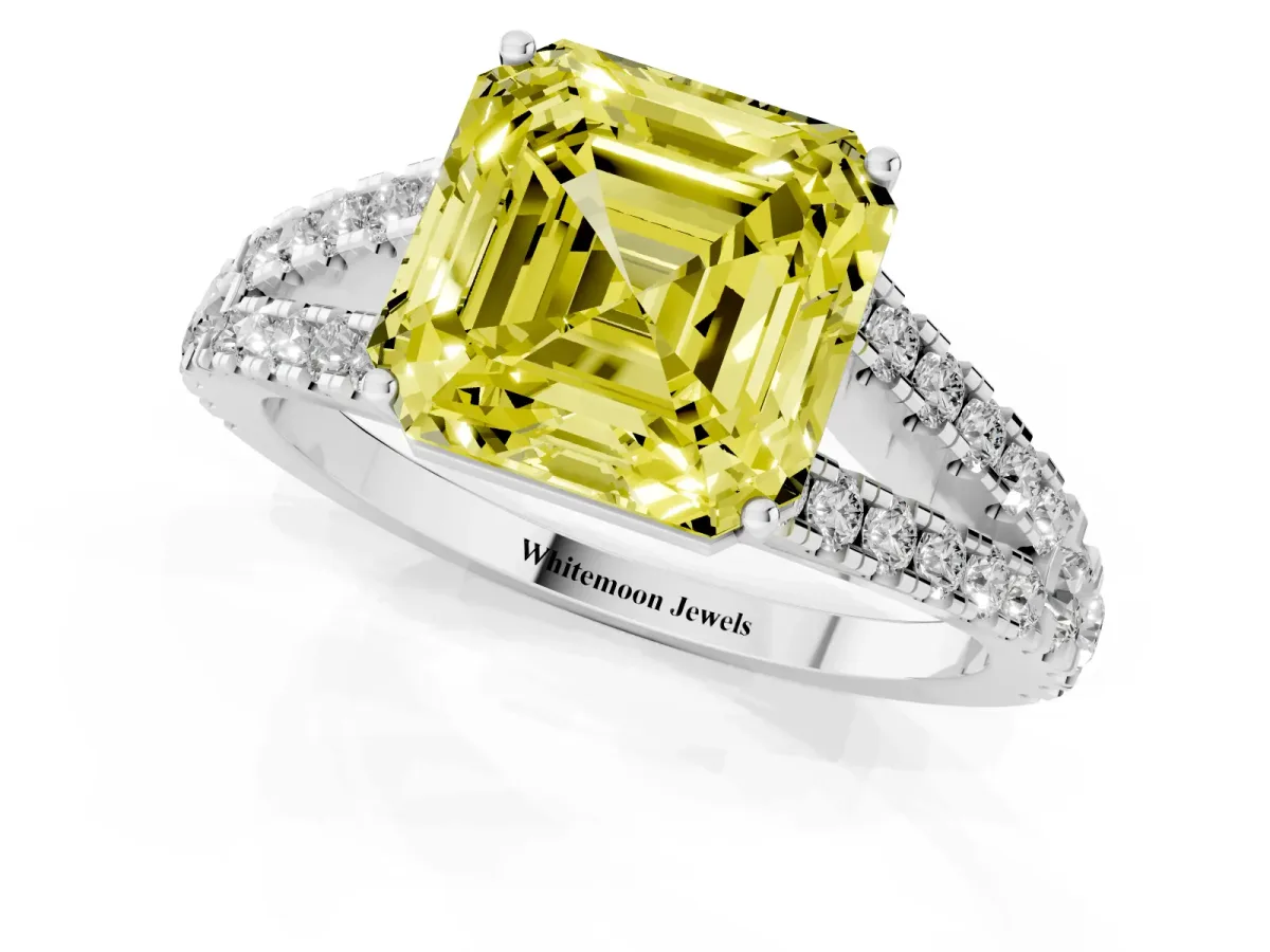 Fancy Yellow Asscher Cut Diamond Split Shank Engagement Ring with Round Pavé and Prong Setting Silver