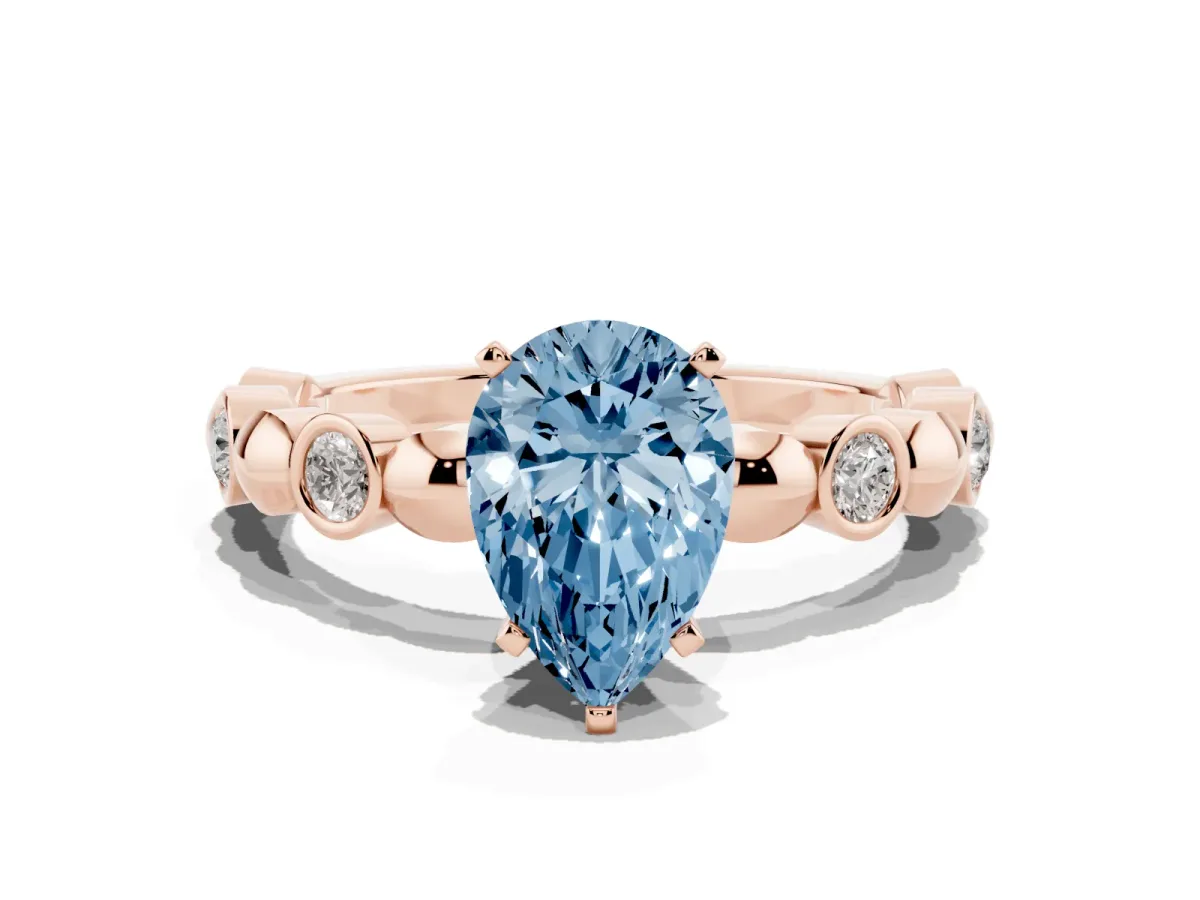 Fancy Blue Pear Cut Solitaire Bezel-Set Diamond Ring with Beaded Band and Four-Prong Setting Rose gold