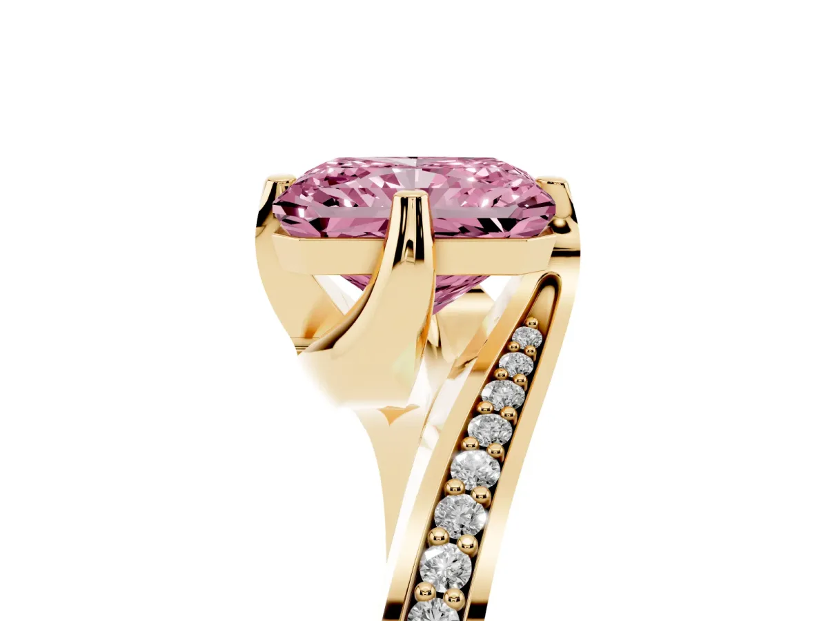Fancy Pink Radiant Cut Solitaire Diamond Twist Band with Pavé Setting and Four-Prong Setting Yellow gold