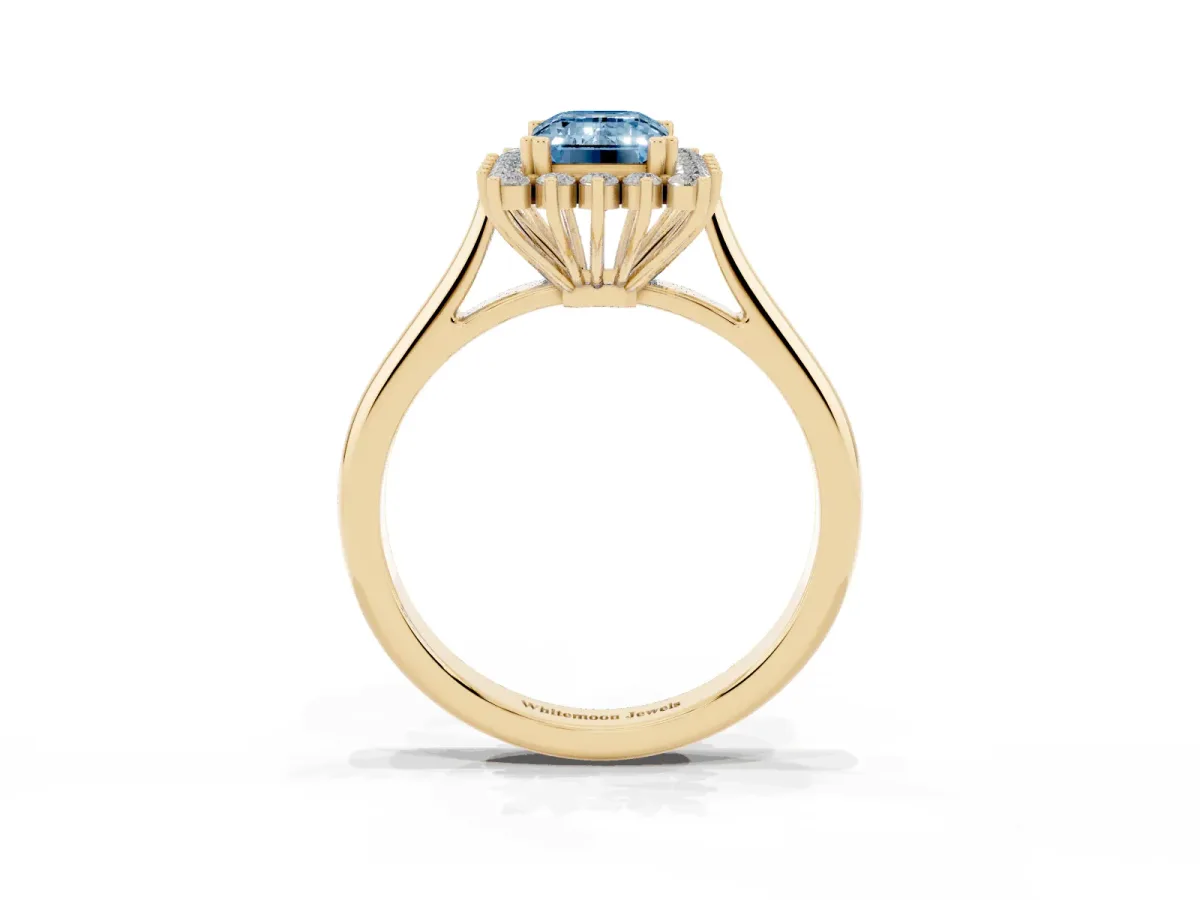 Fancy Blue Emerald Cut Cut Diamond Halo Ring with Solitaire Band and Prong Setting Yellow gold