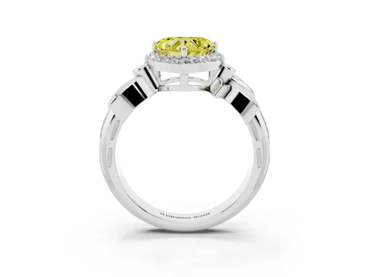 Fancy Yellow Heart Cut Halo Diamond Floral Band with Four-Prong Setting Platinum