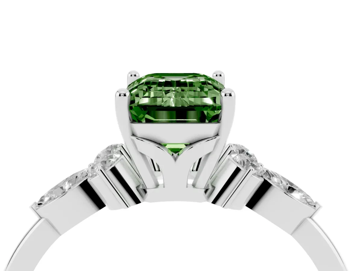 Fancy Green Emerald Cut Brilliant Diamond Solitaire Ring with Pear Side Stones and Four-Prong Setting Platinum
