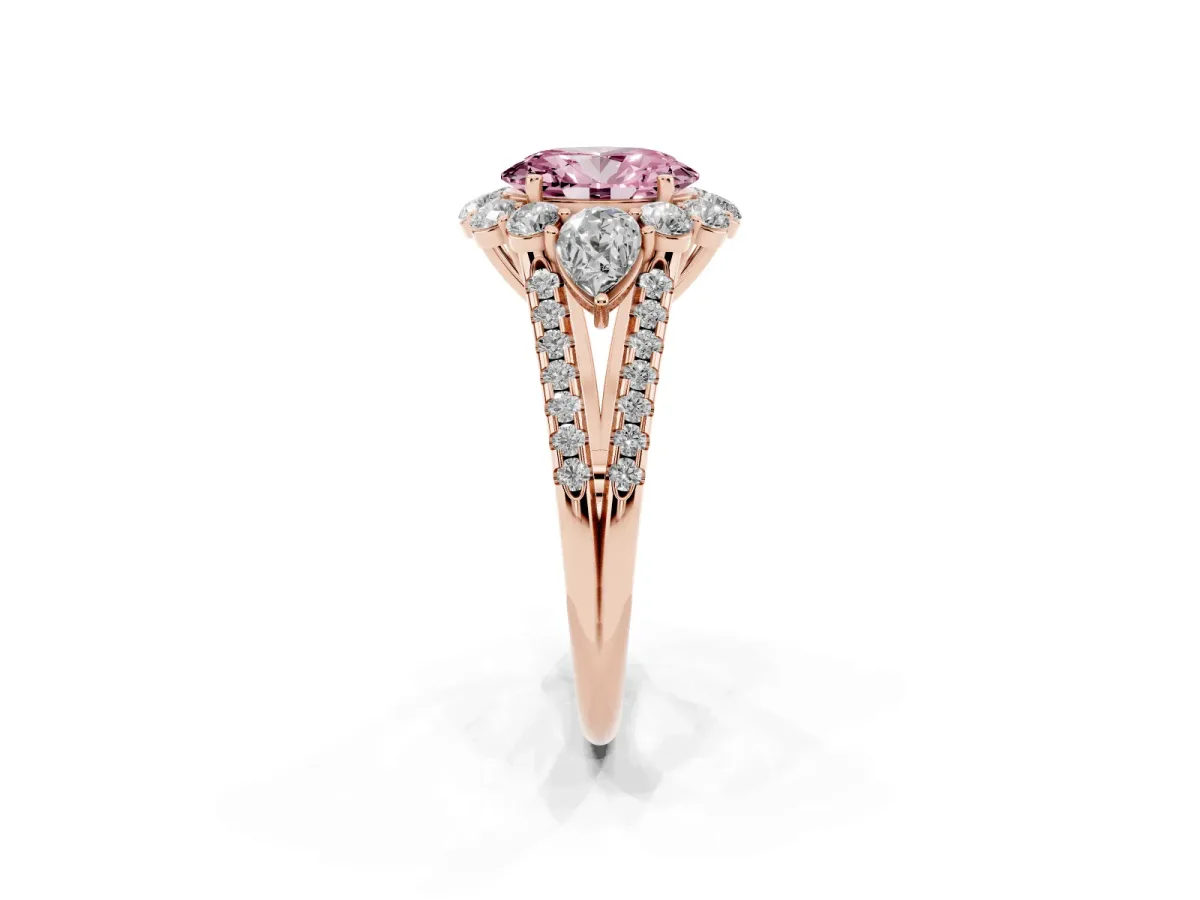 Fancy Pink Oval Cut Halo Split Shank Diamond Engagement Ring with Prong Setting Rose gold
