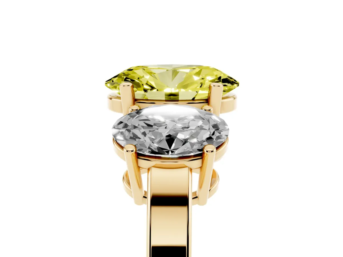Fancy Yellow Three-Stone Oval Cut Cut Diamond Engagement Ring with Flat Band and Four-Prong Setting Yellow gold
