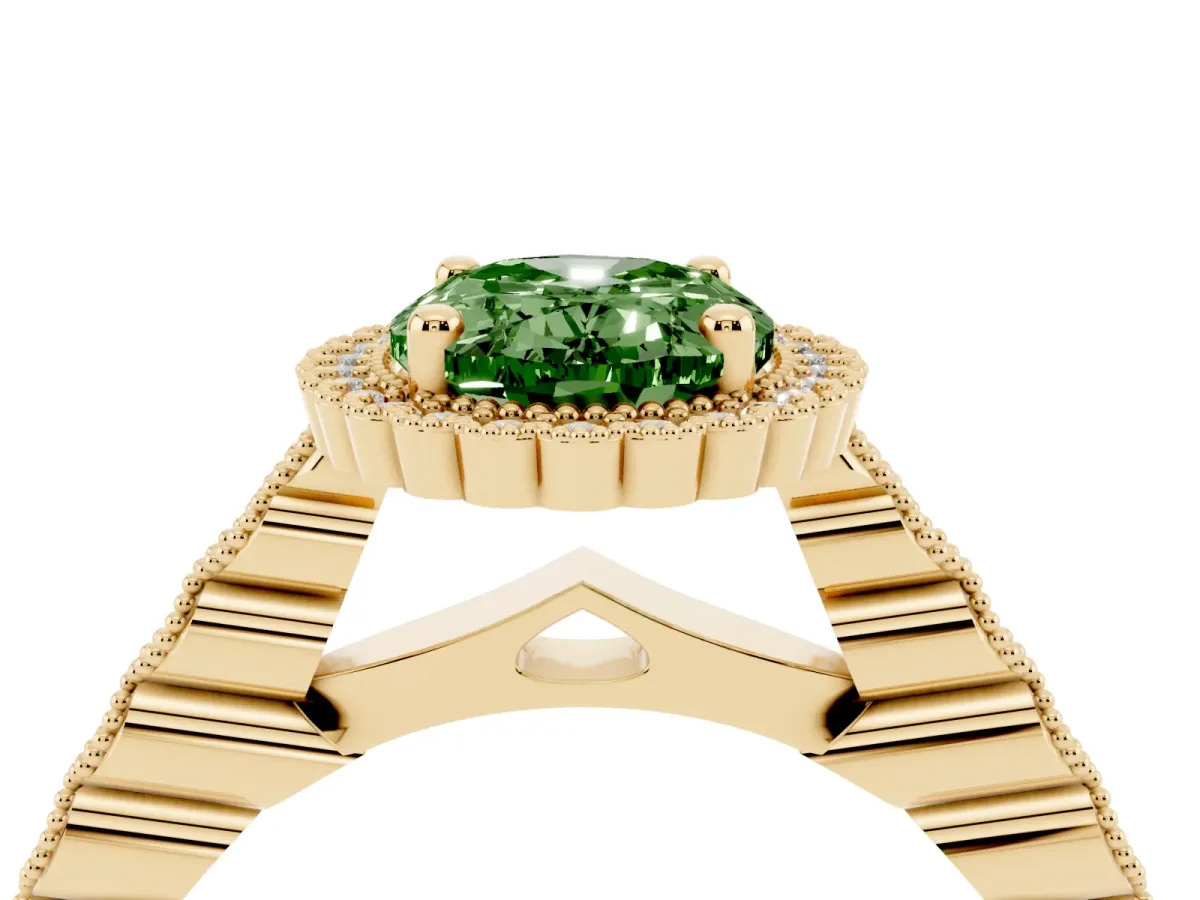 Fancy Green Oval Cut Cut Halo Pavé Solitaire Ring with Milgrain Band Yellow gold