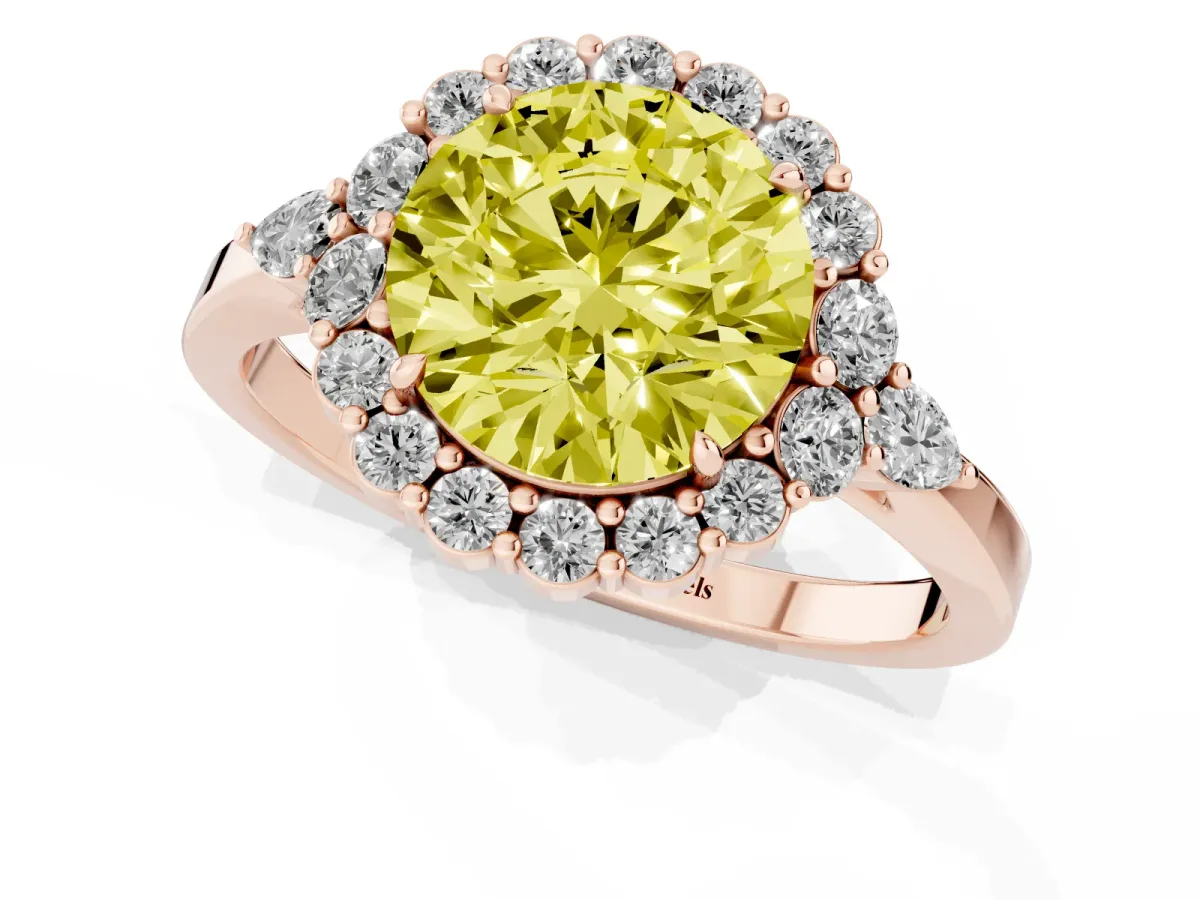 Fancy Yellow Round Cut Diamond Halo Ring with Pear Side Stones and Prong Setting Rose gold