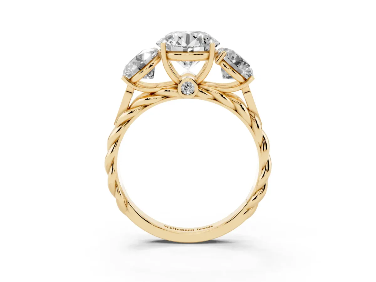 Three-Stone Round Cut Diamond Braided Band Ring with Four-Prong Setting Yellow gold