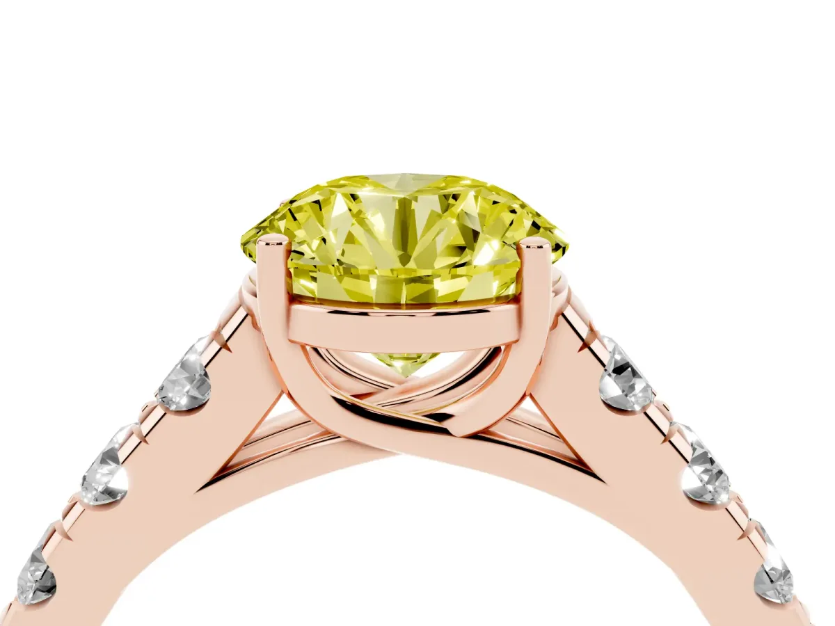 Fancy Yellow Round Cut Cut Diamond Solitaire Ring with Micro Pave Band and Prong Setting Rose gold