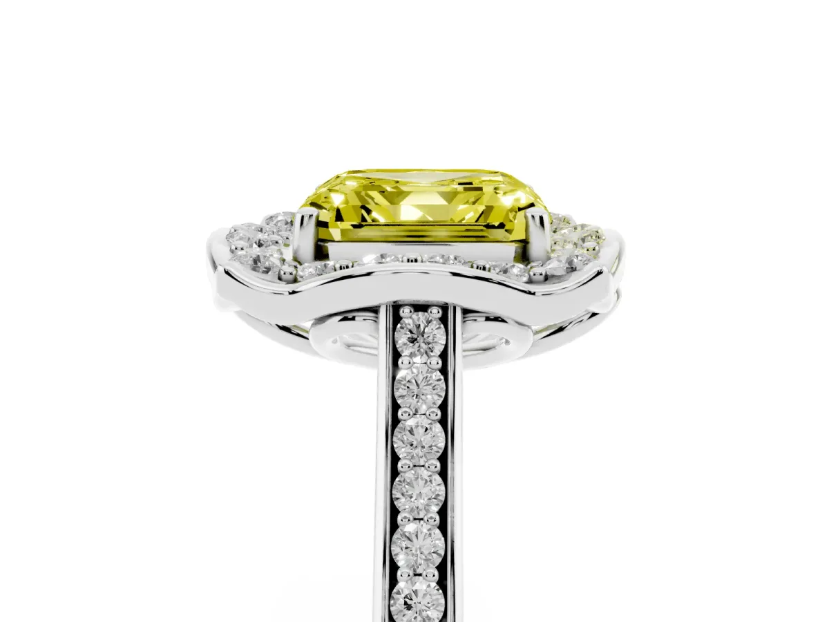 Fancy Yellow Asscher Cut Halo Round Diamond Pave Band with Four-Prong Setting Silver