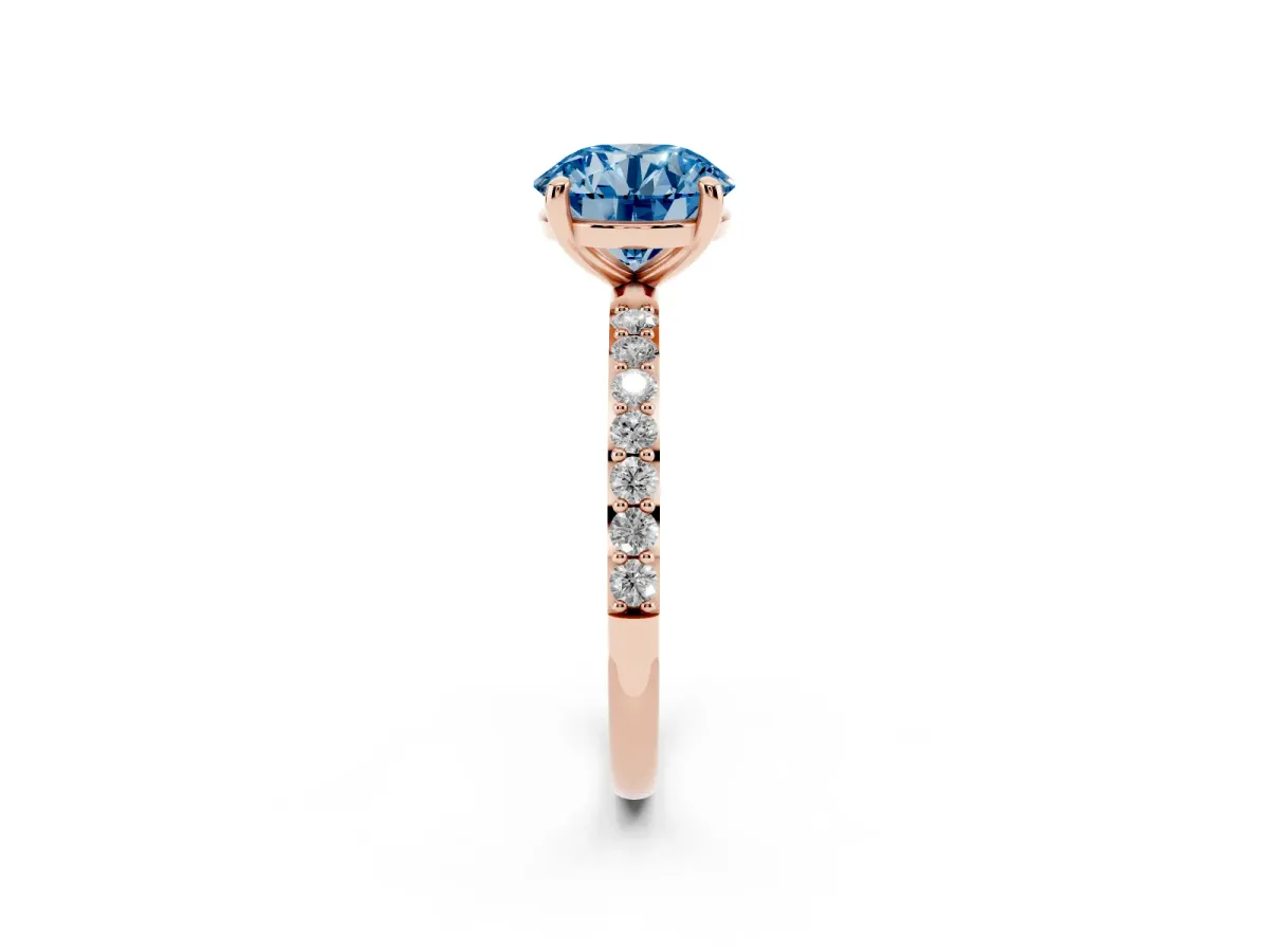 Fancy Blue Round Cut Diamond Solitaire Ring with Round Pavé Band and Prong Setting Rose gold