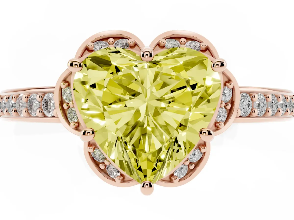 Fancy Yellow Heart Cut Cut Halo Diamond Ring with Channel Set Band and Four-Prong Setting Rose gold
