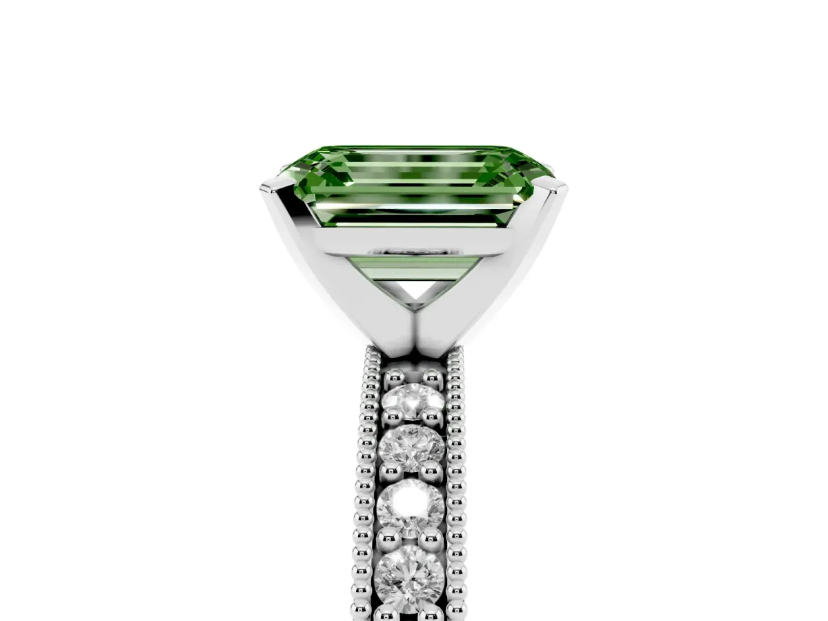 Fancy Green Emerald Cut Diamond Milgrain Pavé Engagement Ring with Four-Prong Setting Silver