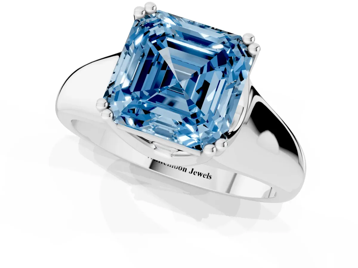 Fancy Blue Asscher Cut Diamond Solitaire Ring with Wide Band and Prong Setting Silver