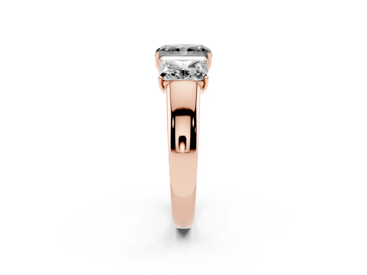 Fancy Black Three-Stone Radiant Cut Cut Diamond Ring with Prong Setting and Classic Band Rose gold