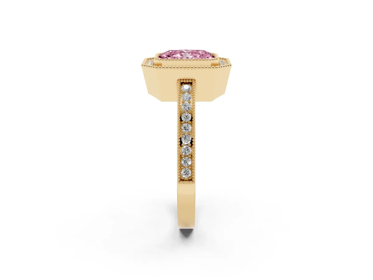 Fancy Pink Radiant Cut Cut Halo Diamond Ring with Pavé Band and Milgrain Prong Setting Yellow gold
