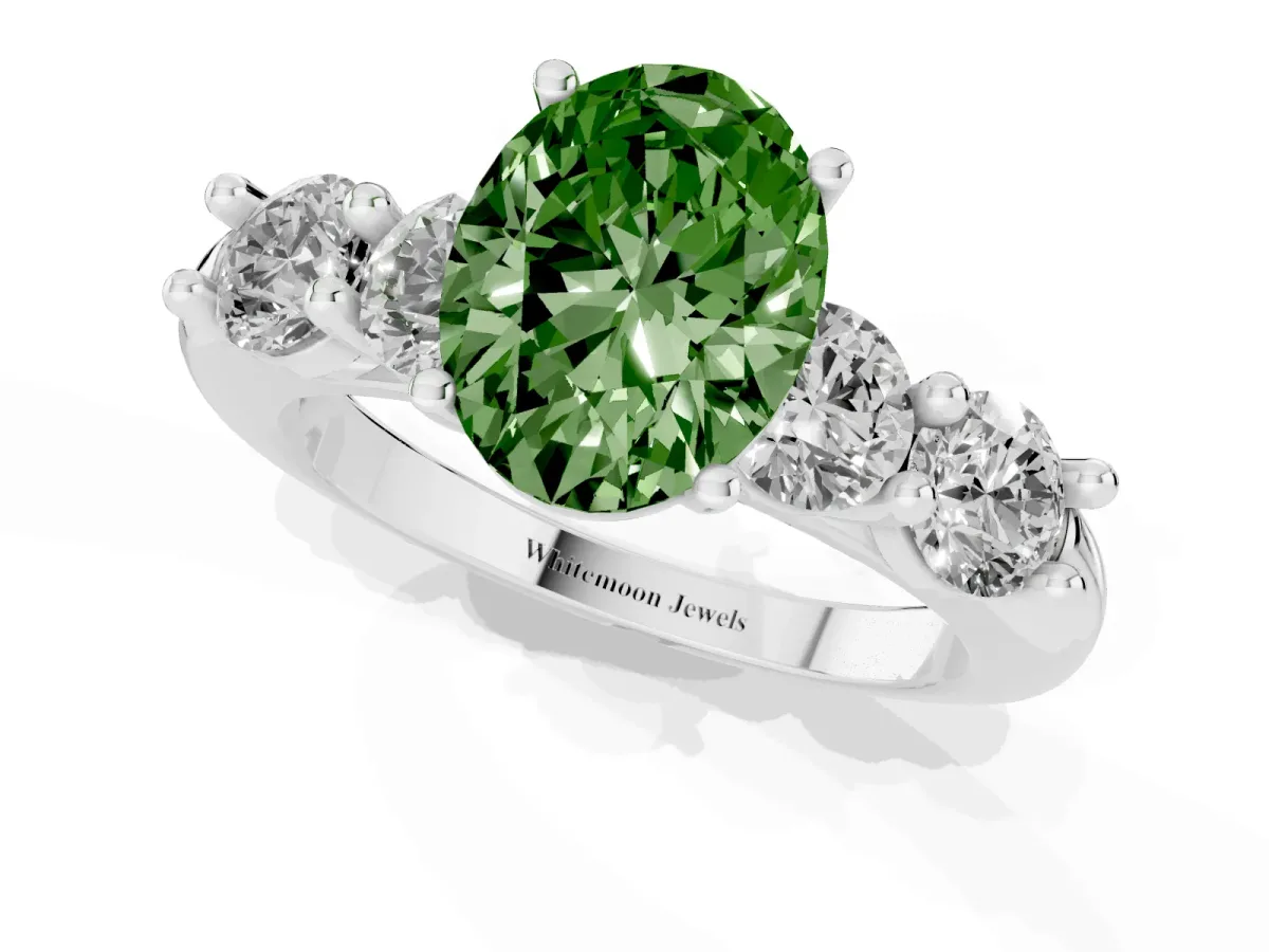 Fancy Green Oval Cut Cut Five-Stone Prong Set Diamond Ring with Classic Band Platinum