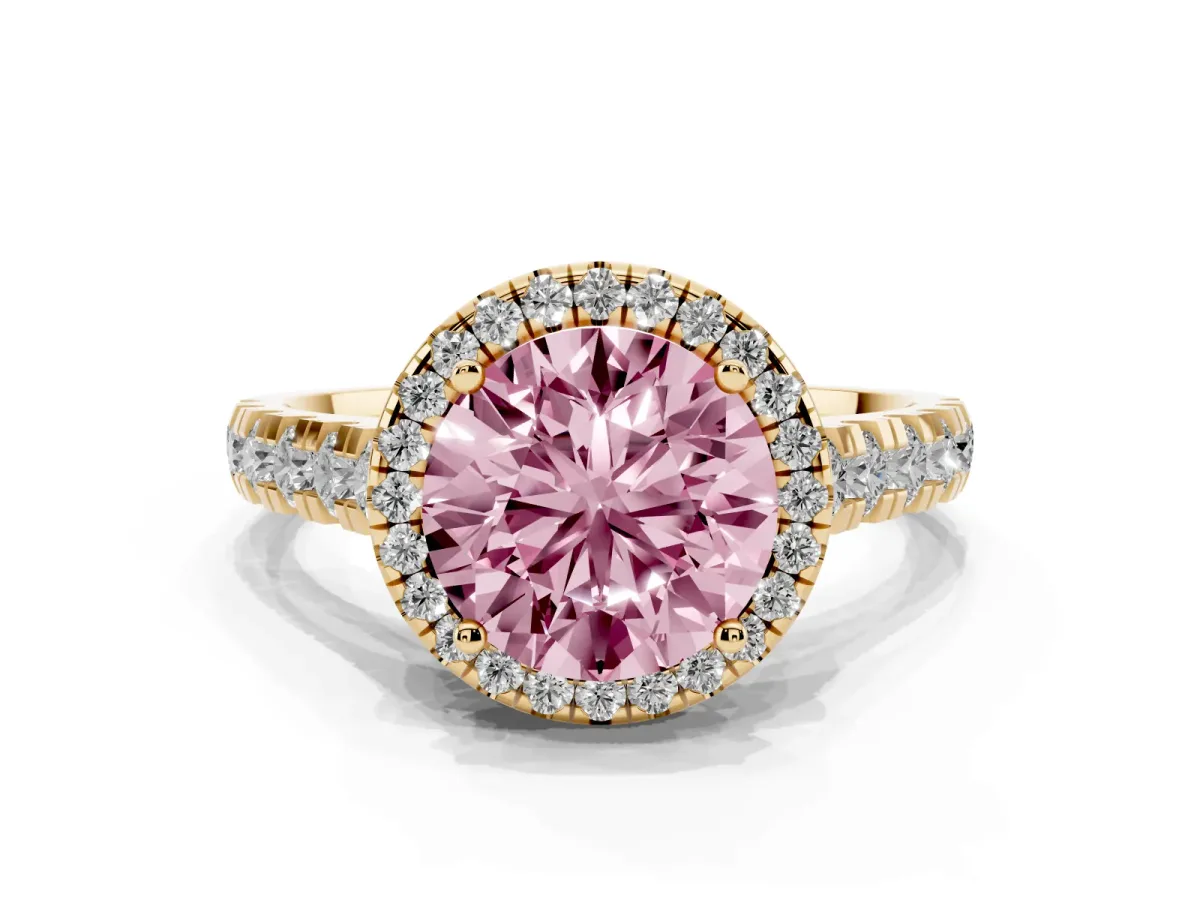 Fancy Pink Round Cut Halo Pavé Diamond Engagement Ring with Four-Prong Setting Yellow gold